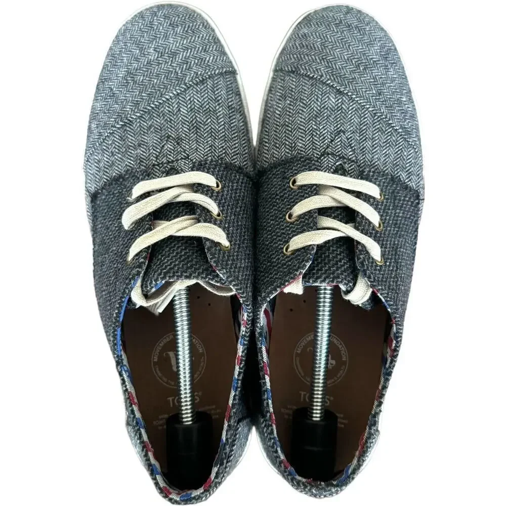 TOMS Mens Mustache Sneakers Gray Herringbone Lace Up Low Top Flat Heel Casual 8